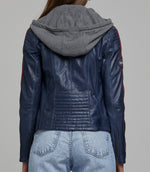 Blue Takeoff Women Leather Jacket With Hood