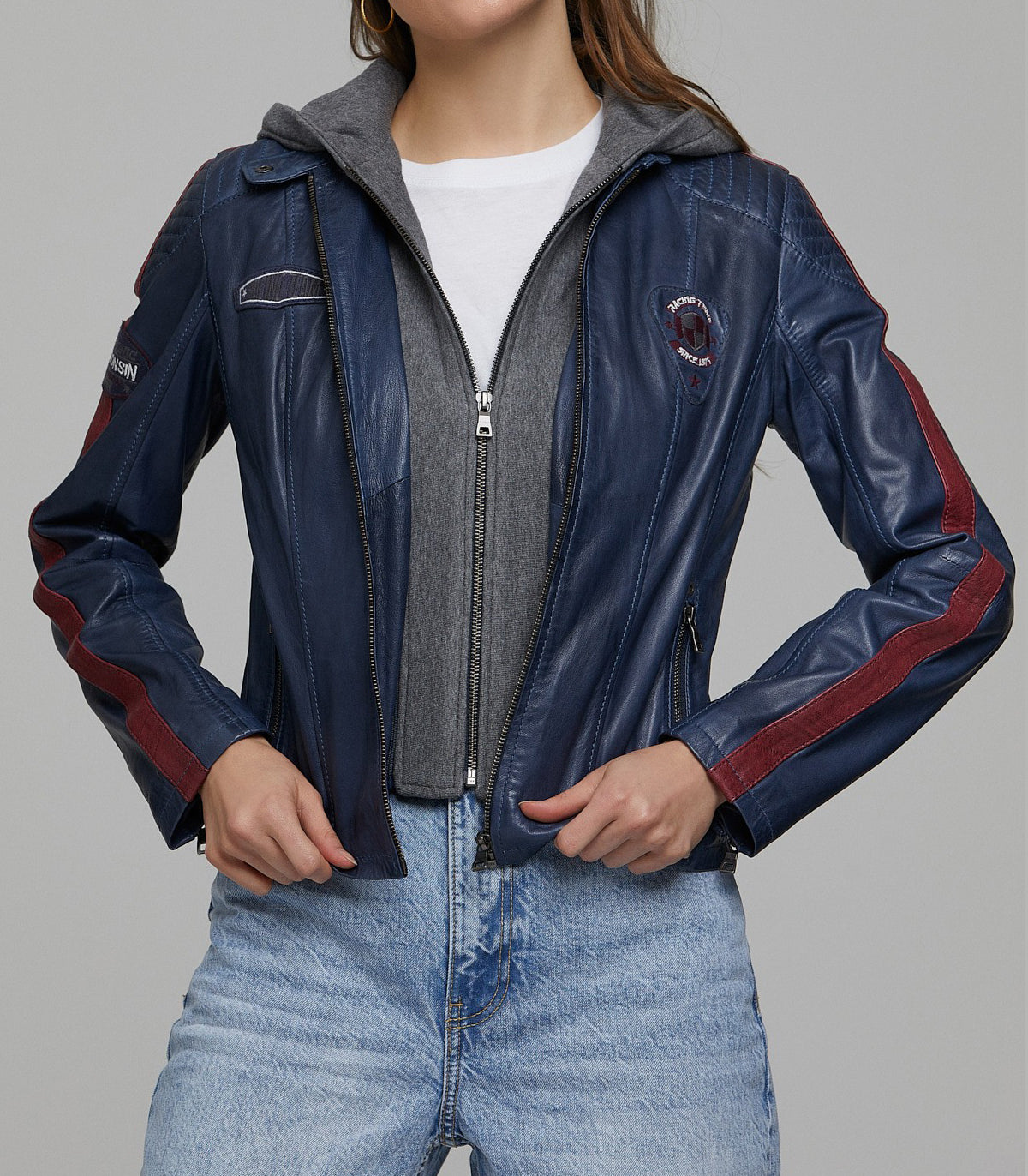 Blue Takeoff Women Leather Jacket With Hood