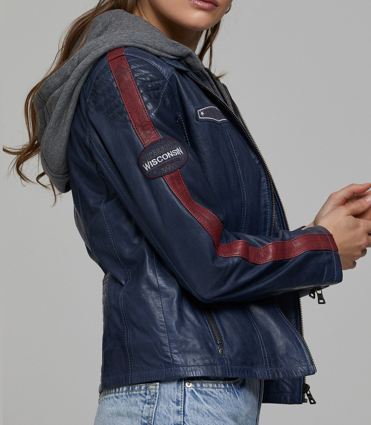 Blue Takeoff Women Leather Jacket With Hood