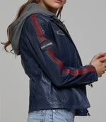 Blue Takeoff Women Leather Jacket With Hood