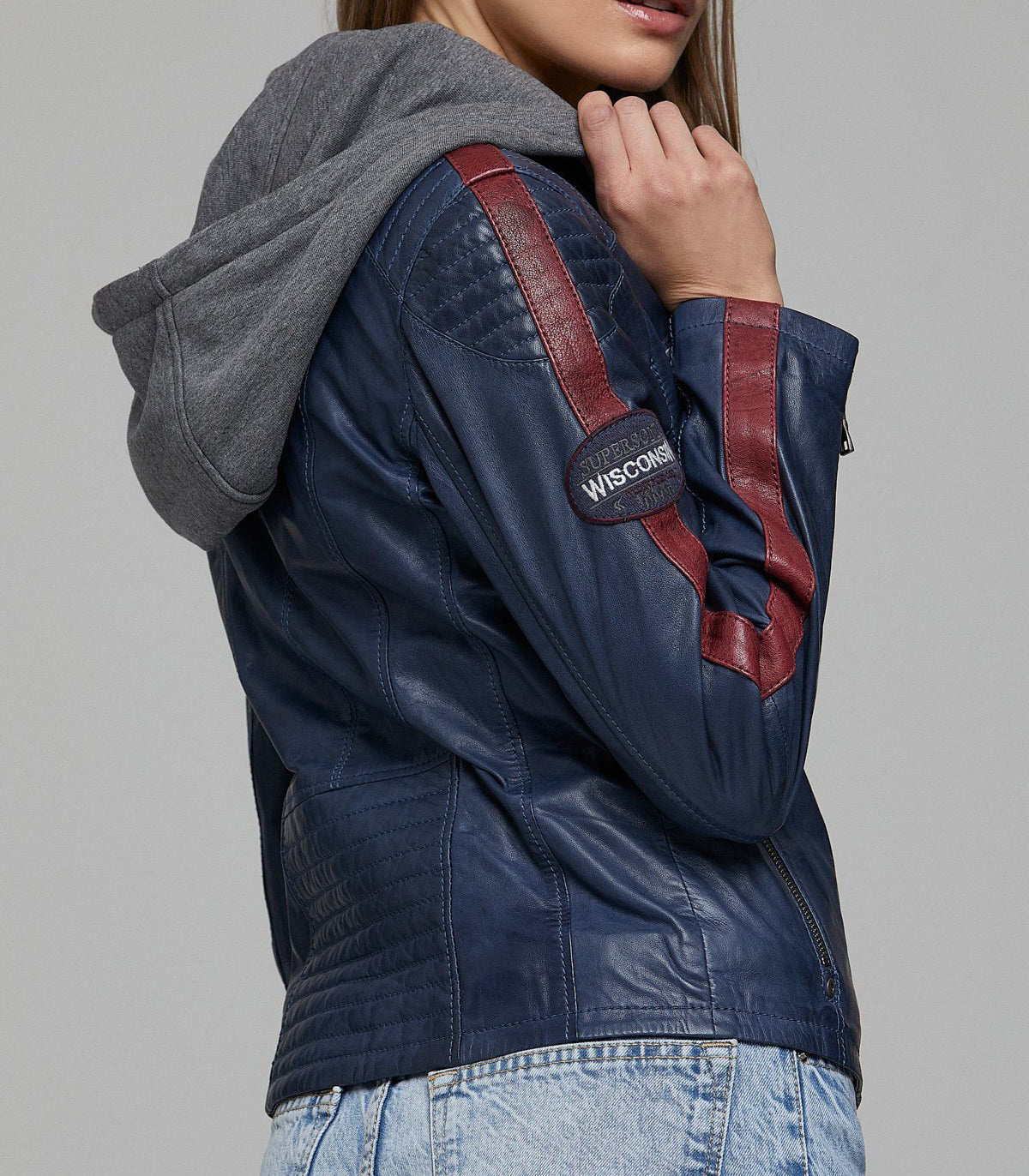 Blue Takeoff Women Leather Jacket With Hood