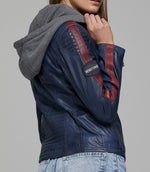 Blue Takeoff Women Leather Jacket With Hood