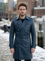 Blue Trench Leather Coat For Men