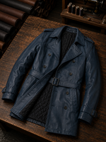 Blue Trench Leather Coat For Men