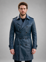 Blue Trench Leather Coat For Men