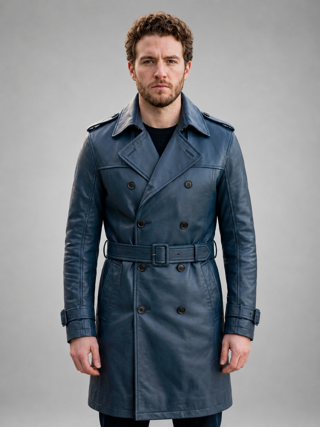Blue Trench Leather Coat For Men