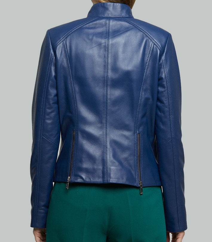 Blue Vinice Biker Racer Leather Jacket For Women