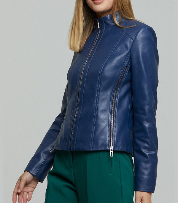 Blue Vinice Biker Racer Leather Jacket For Women