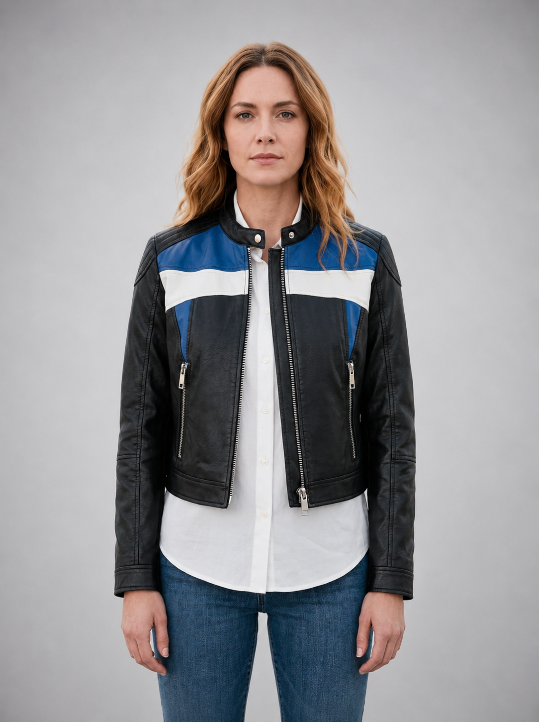 Blue Carol Casual Leather Jacket For Women