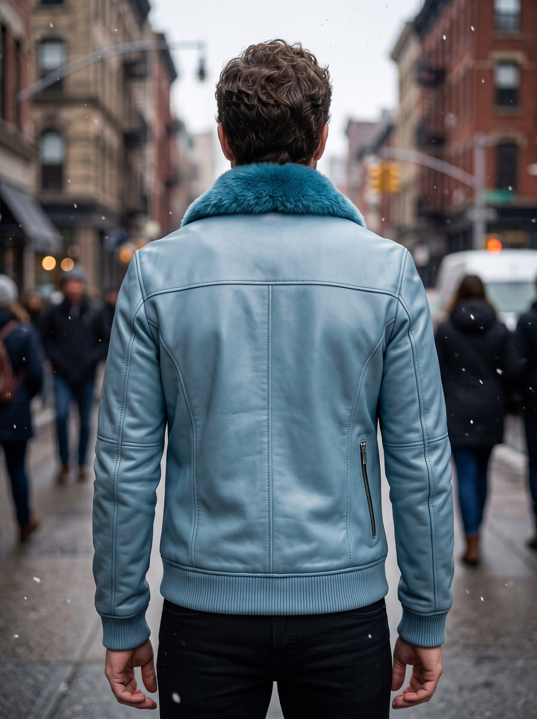 Blue Motor Bike Leather Jacket With Fur Collar For Men
