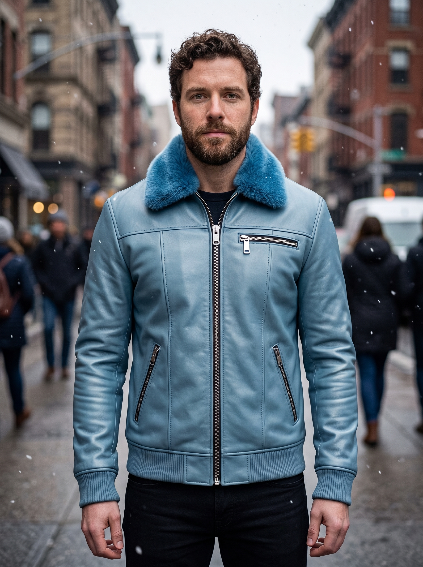 Blue Motor Bike Leather Jacket With Fur Collar For Men