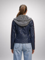 Blue Takeoff Women Leather Jacket With Hood