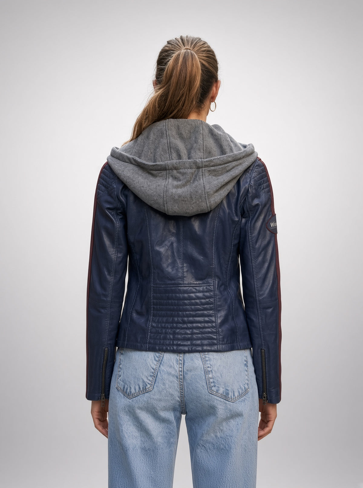 Blue Takeoff Women Leather Jacket With Hood