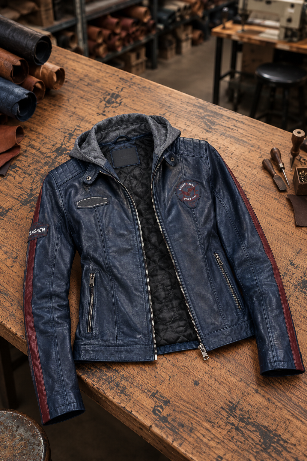 Blue Takeoff Women Leather Jacket With Hood
