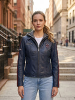 Blue Takeoff Women Leather Jacket With Hood