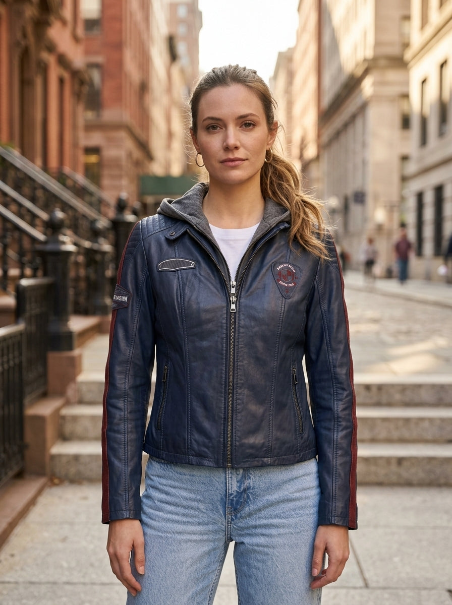 Blue Takeoff Women Leather Jacket With Hood