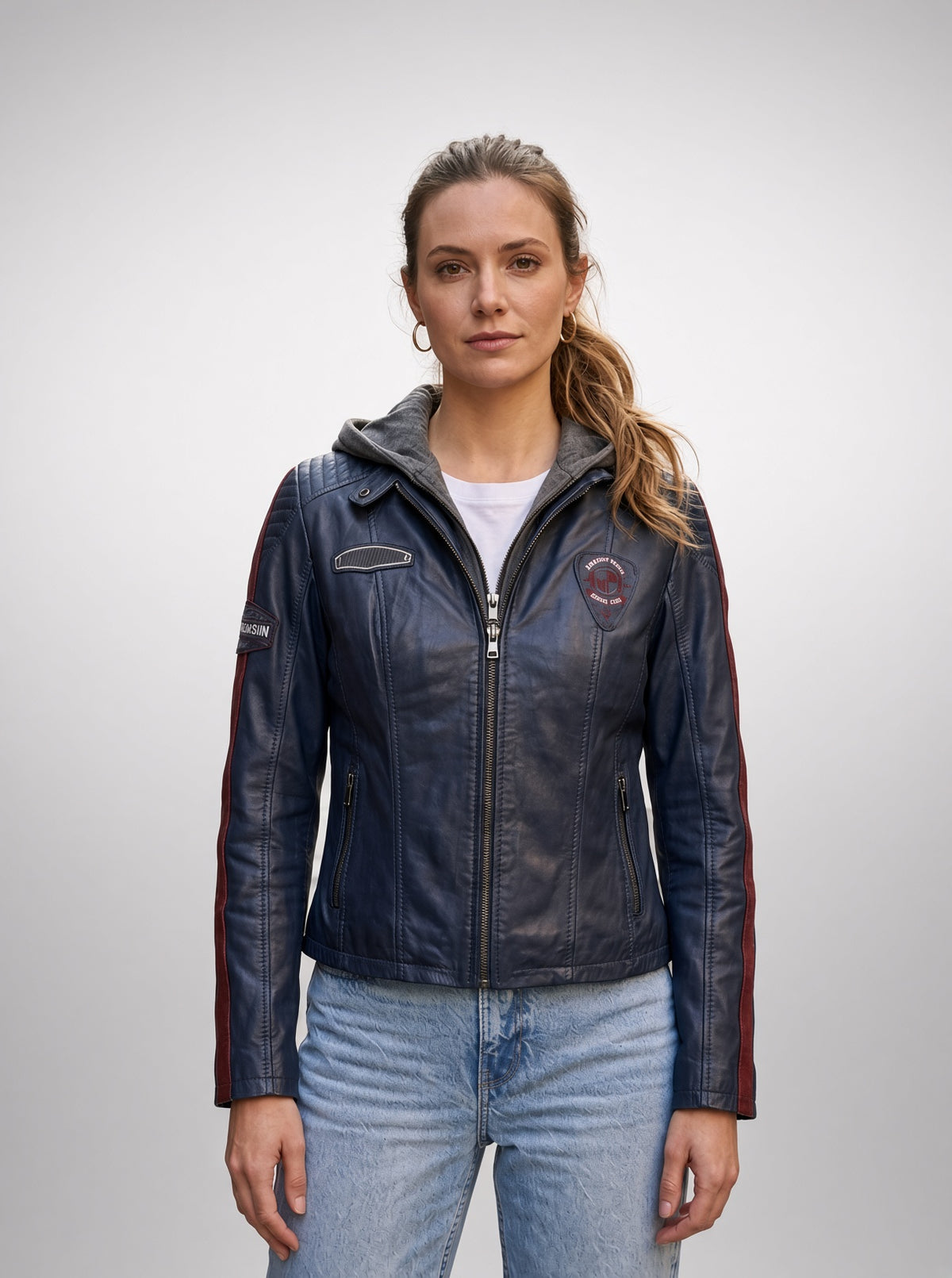 Blue Takeoff Women Leather Jacket With Hood