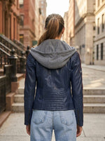 Blue Takeoff Women Leather Jacket With Hood