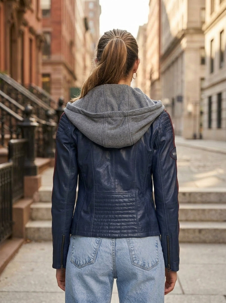 Blue Takeoff Women Leather Jacket With Hood