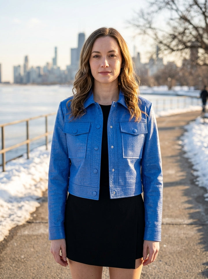 Blue Tina Leather Jacket For Women's