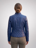 Blue Vinice Biker Racer Leather Jacket For Women