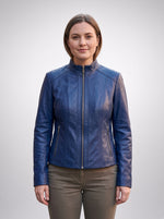 Blue Vinice Biker Racer Leather Jacket For Women