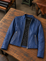 Blue Vinice Biker Racer Leather Jacket For Women