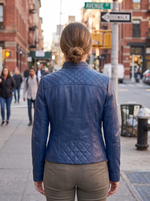Blue Vinice Biker Racer Leather Jacket For Women