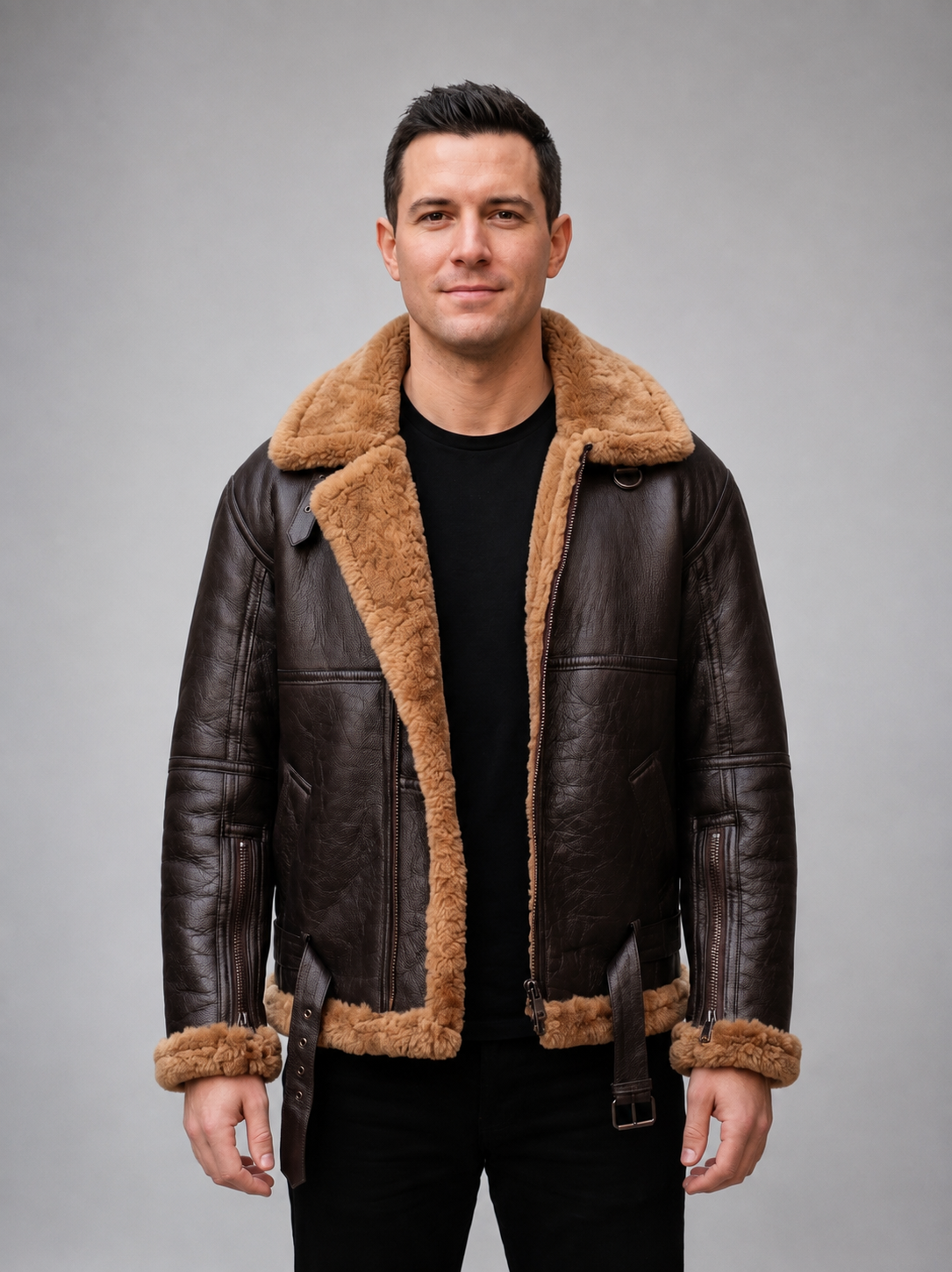 Bomber Brown Fur Quilted Leather Jacket For Men