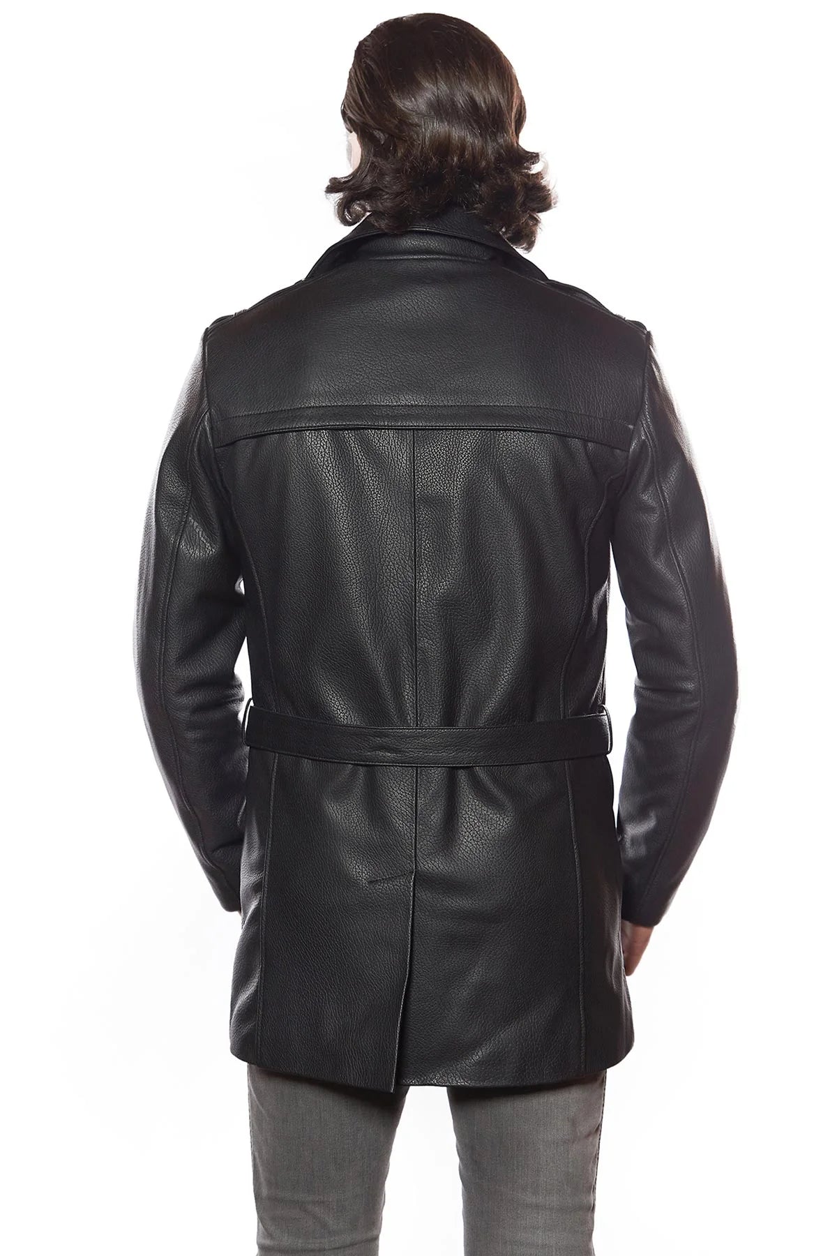 Black Leather Coat With Belt Closure For Men
