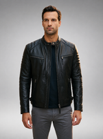 Bosh-X Black Motor Bike Leather Jacket For Men