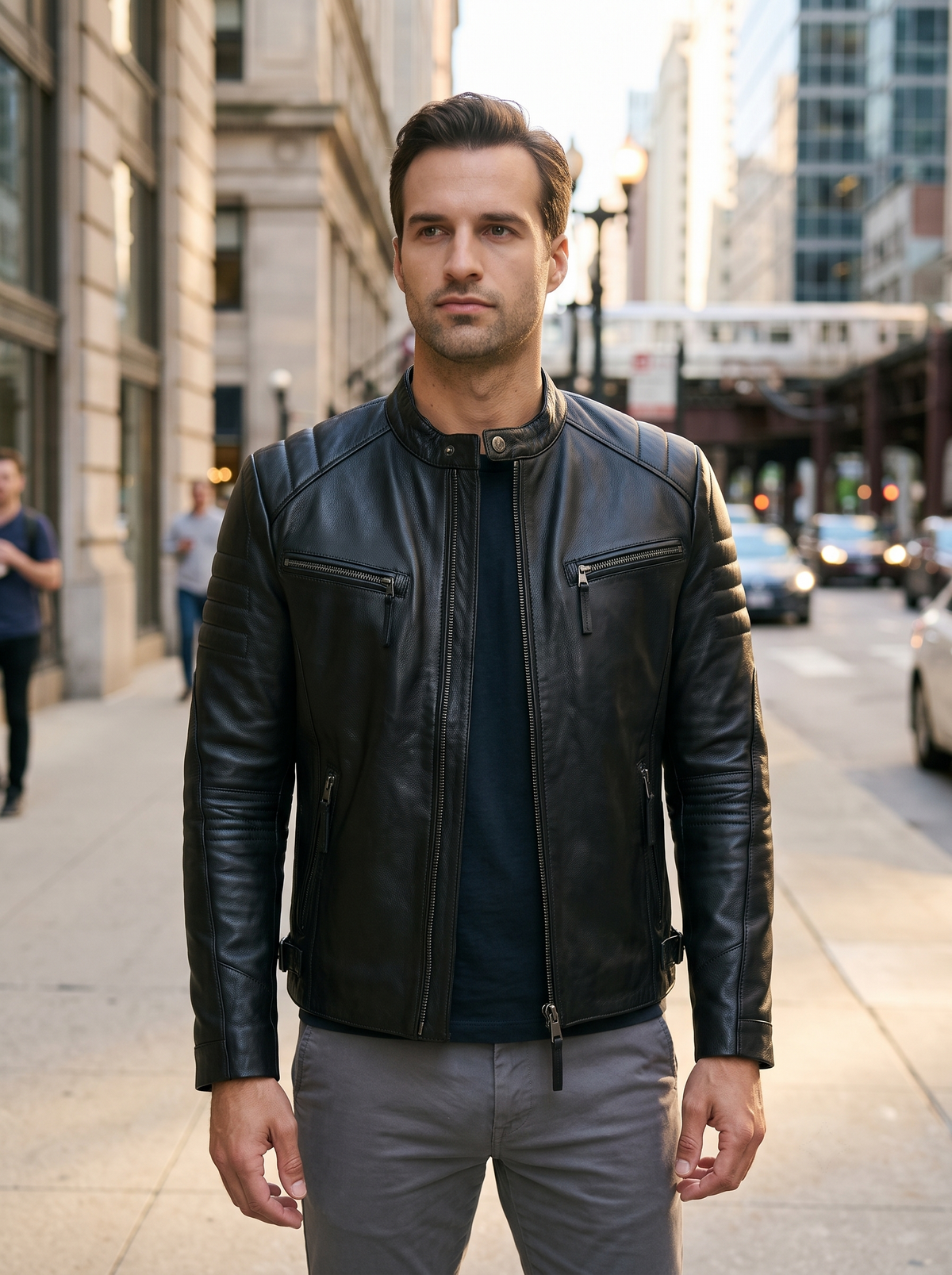 Bosh-X Black Motor Bike Leather Jacket For Men