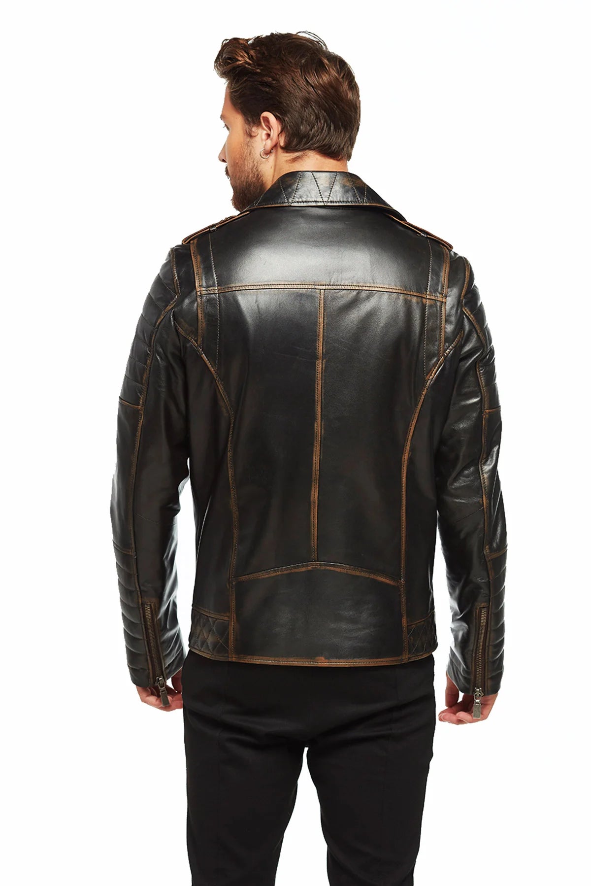 Branden Brown Distressed Leather Biker Jacket For Men