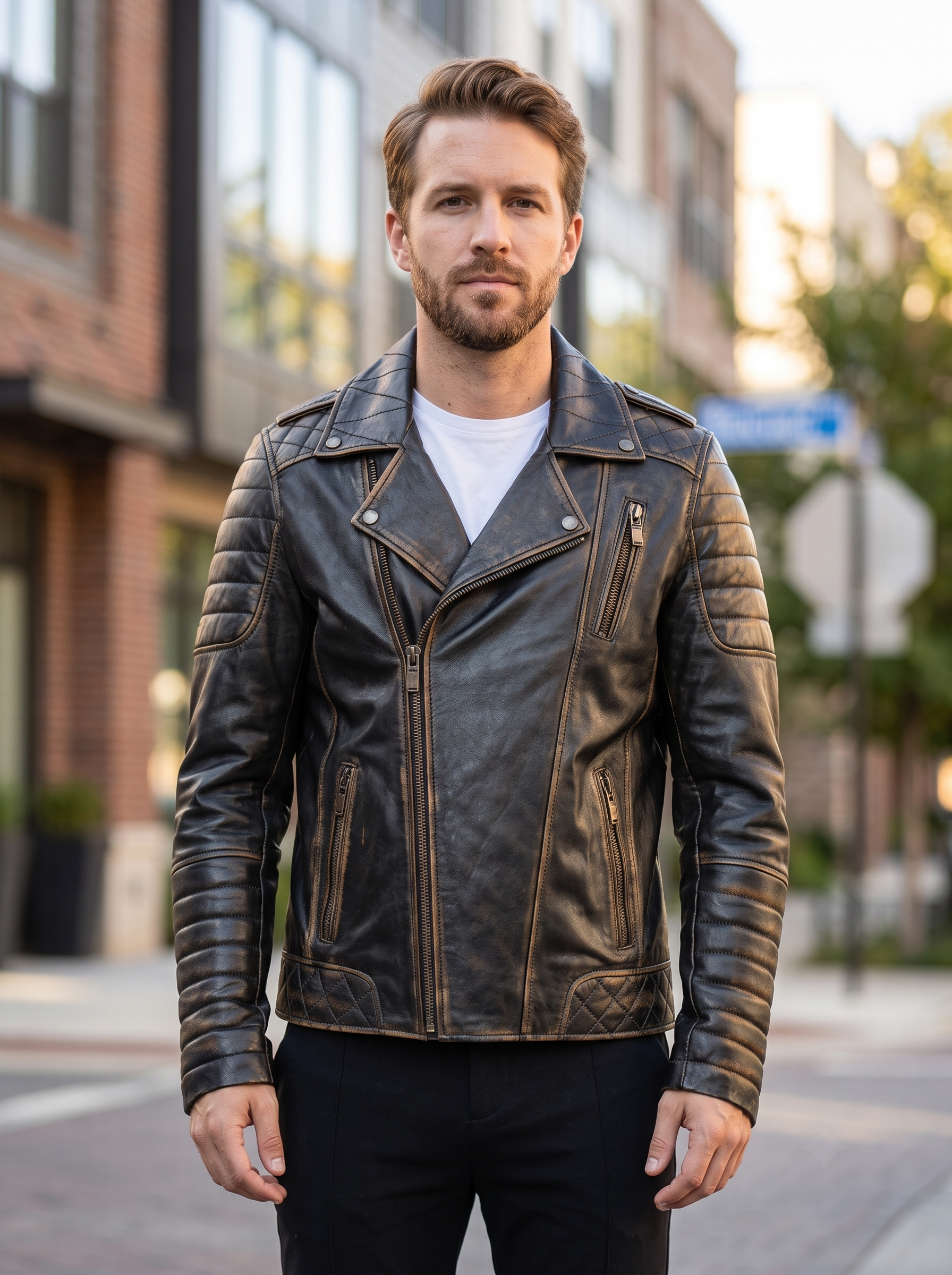 Branden Brown Distressed Leather Biker Jacket For Men