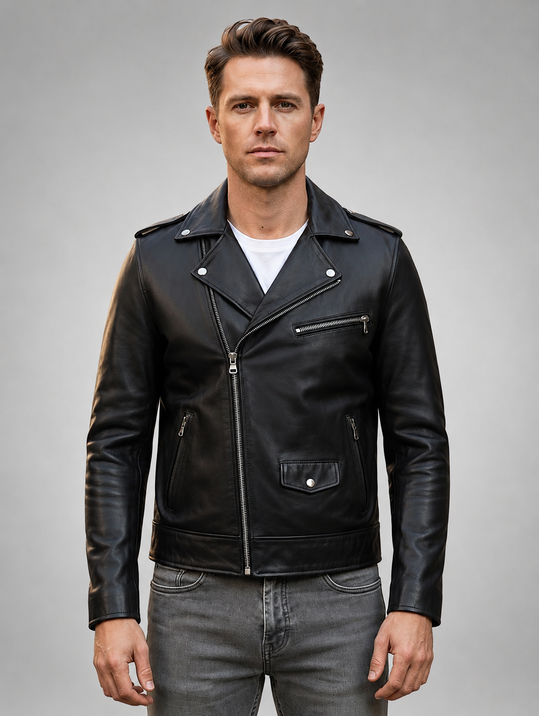 Brando Biker Motorcycle Cowhide Black Leather Jacket for Men