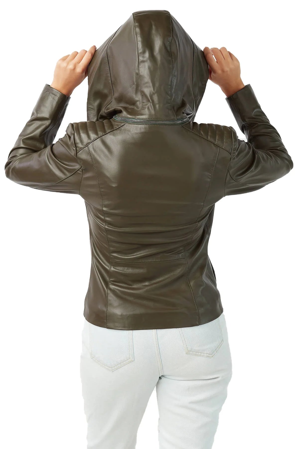 Jessica Green Biker Leather Jacket With Hood For Women