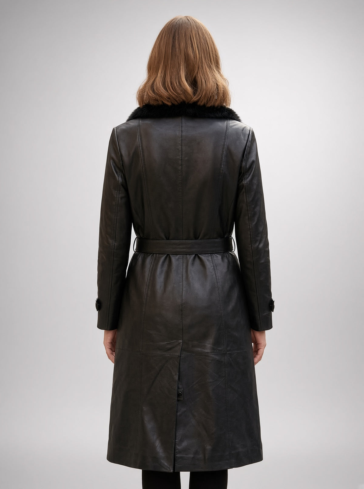 Brenda Black Fur Collar Leather Coat For Women