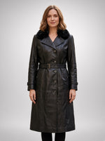 Brenda Black Fur Collar Leather Coat For Women