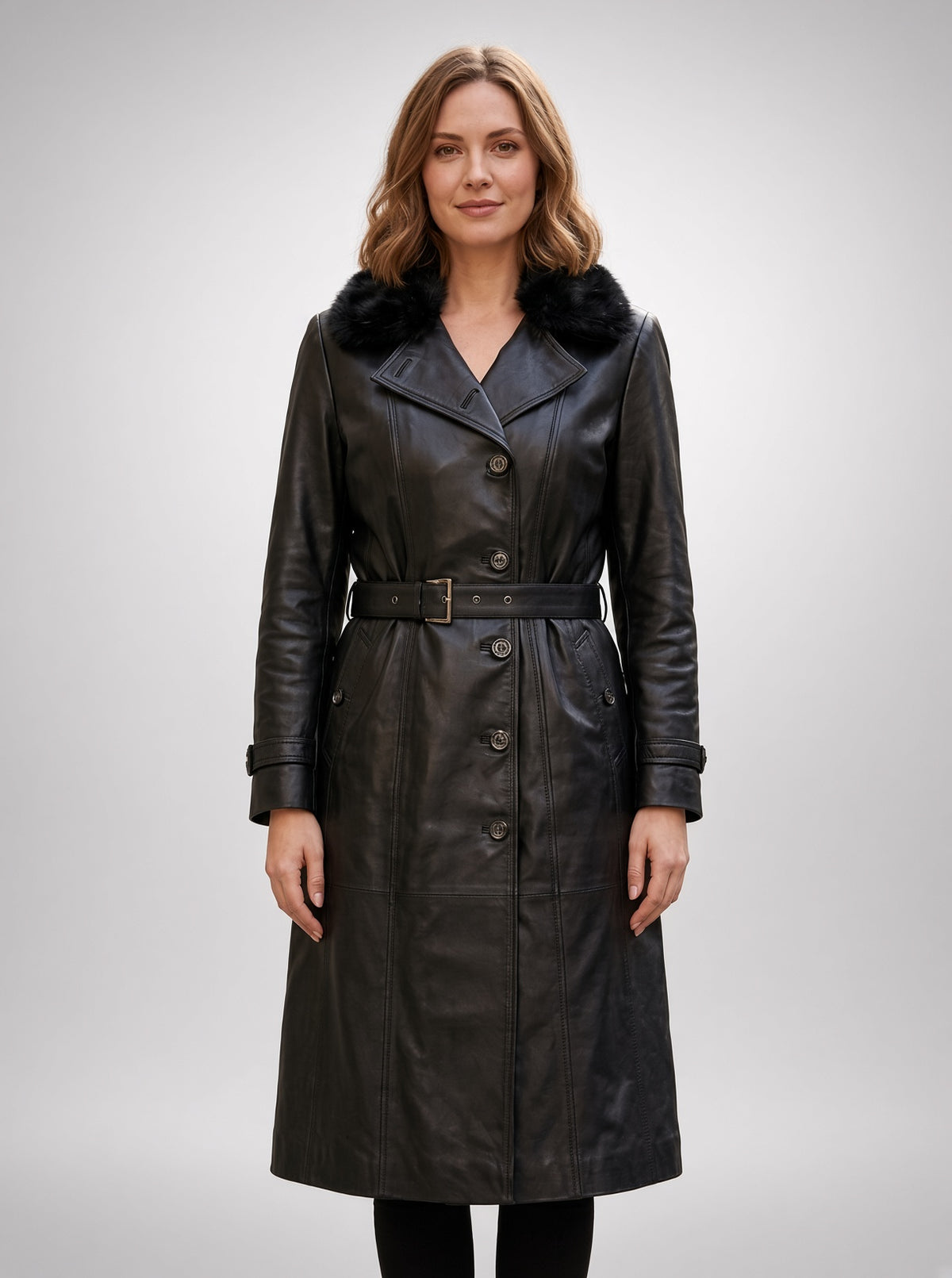 Brenda Black Fur Collar Leather Coat For Women