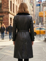 Brenda Black Fur Collar Leather Coat For Women