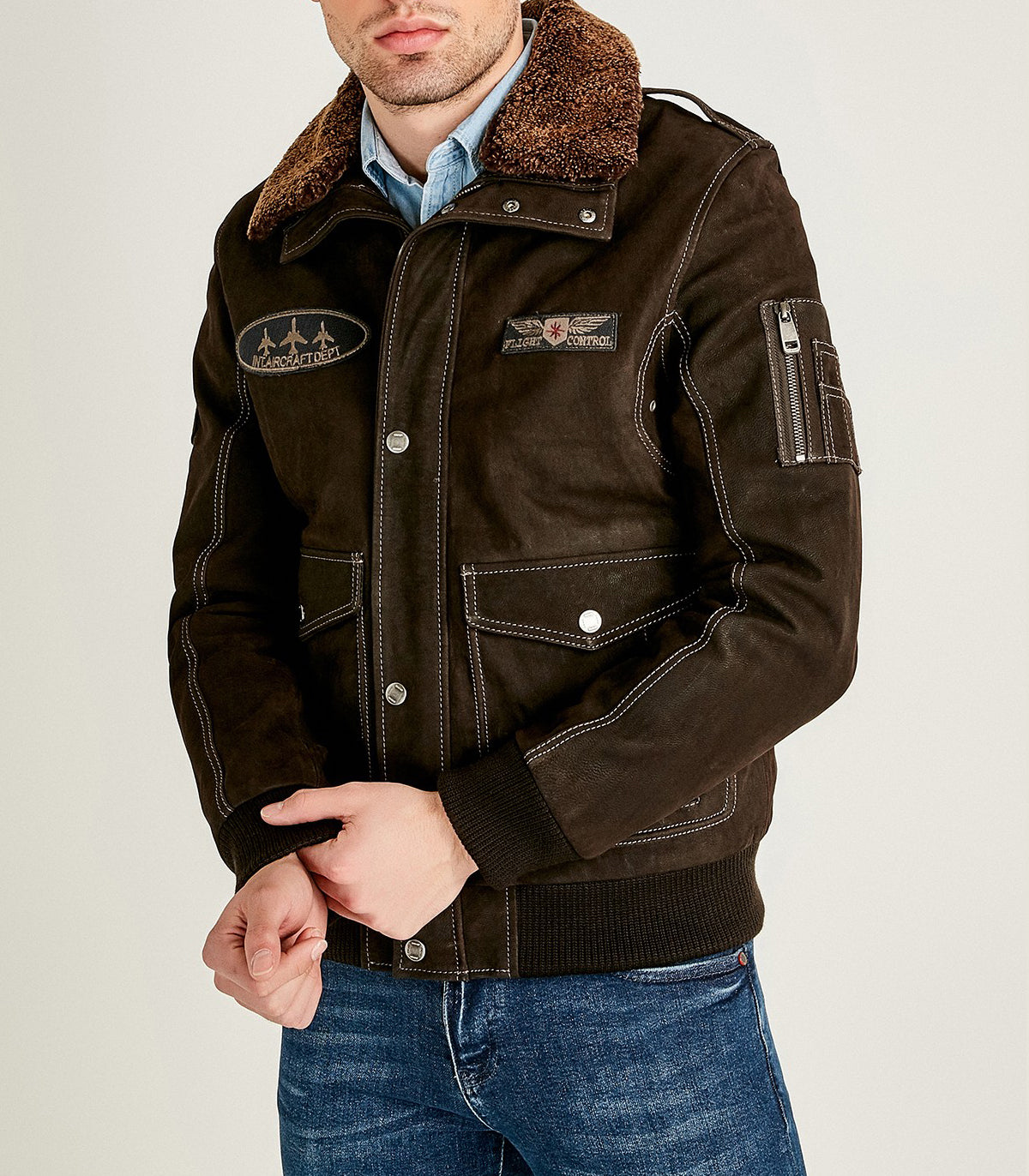 Brown Winter Leather Jacket With Fur Collar For Men