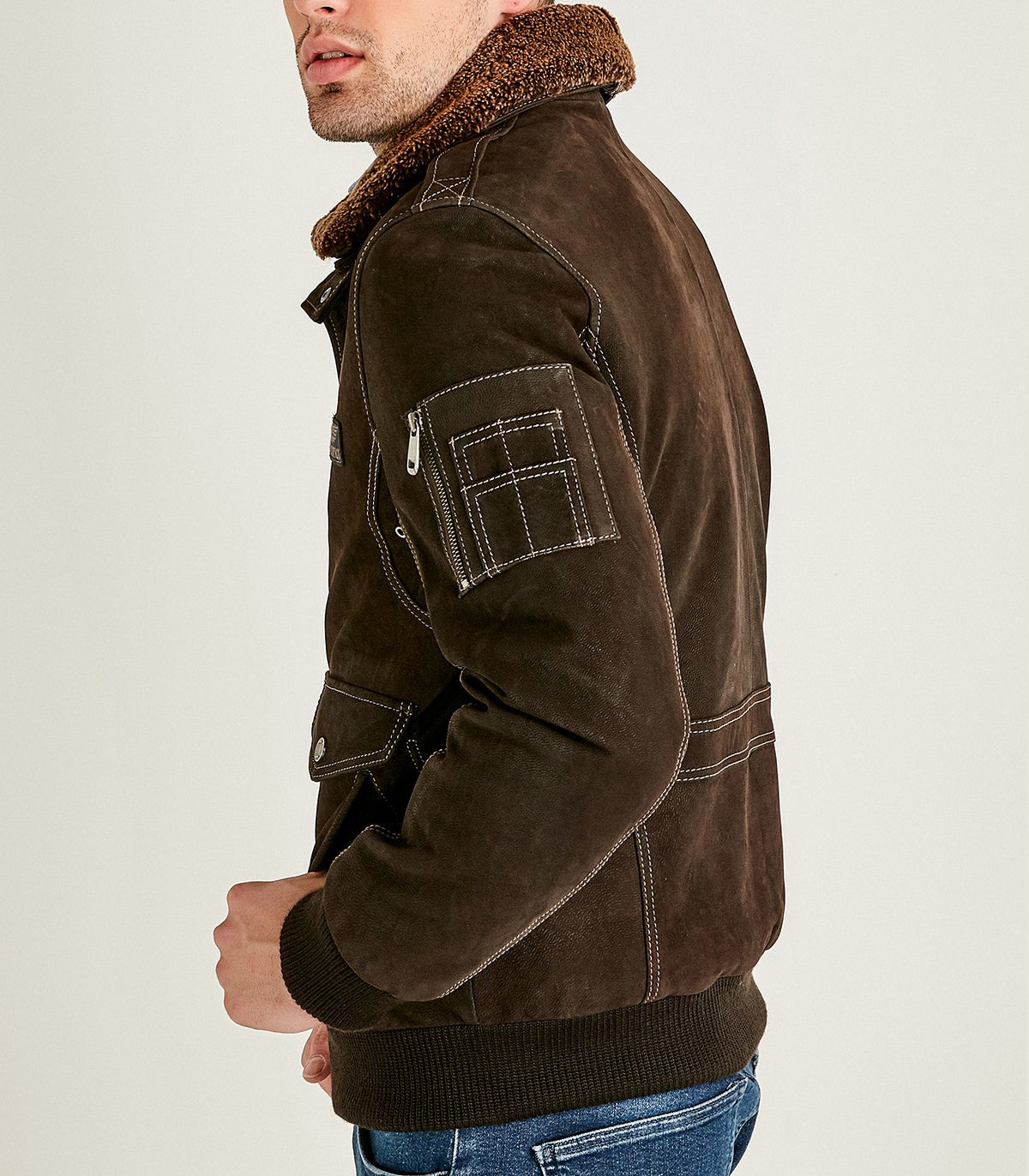Brown Winter Leather Jacket With Fur Collar For Men