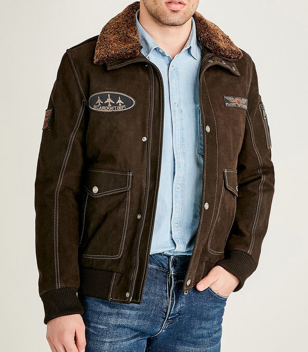 Brown Winter Leather Jacket With Fur Collar For Men
