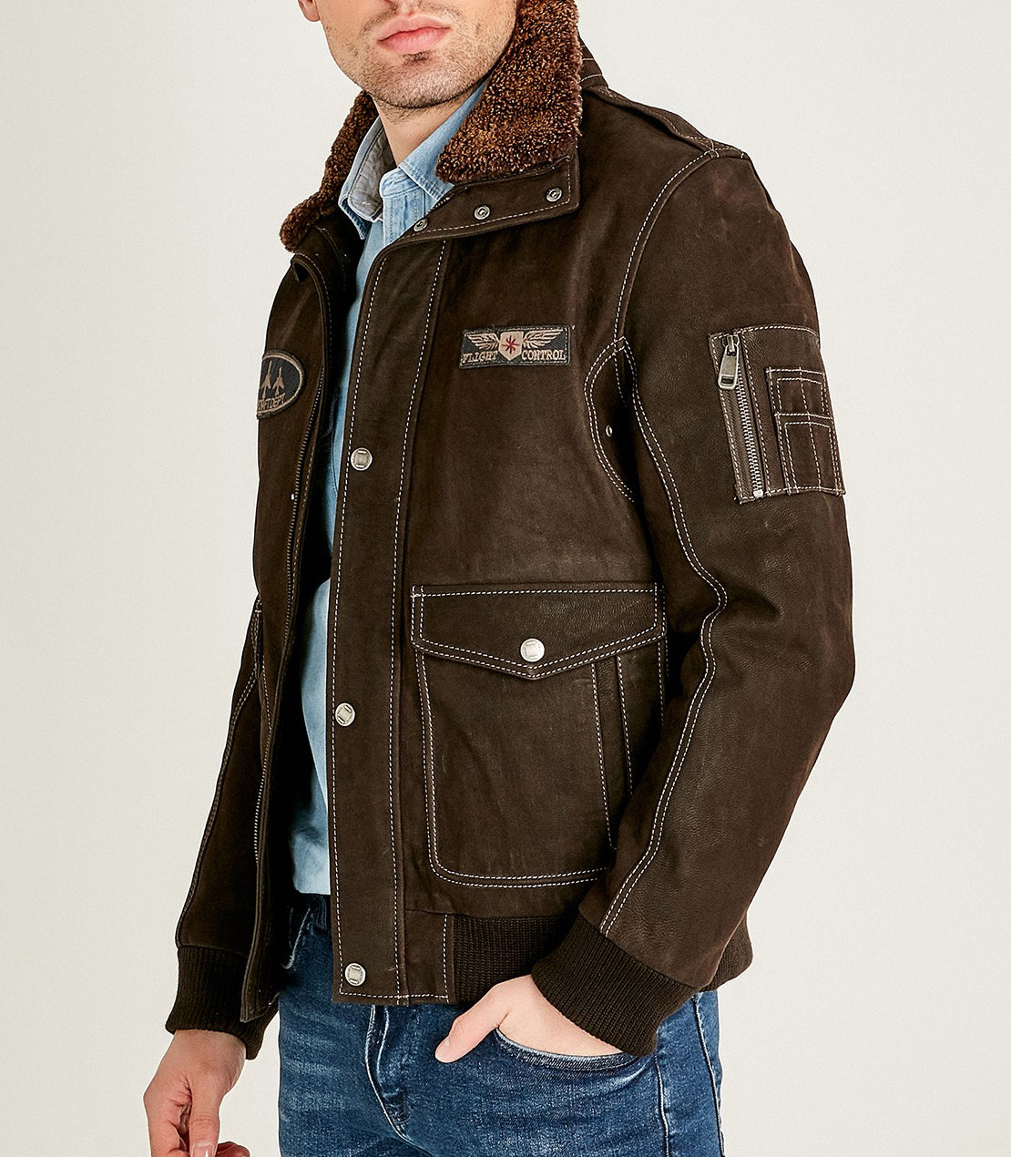 Brown Winter Leather Jacket With Fur Collar For Men