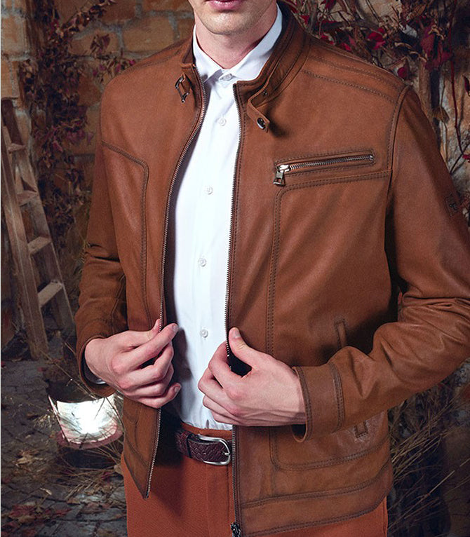 James Motor bike Brown Leather Jacket For Men