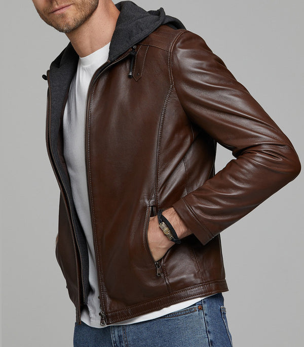 Daniel Brown Leather Jacket With Hoodie For Men