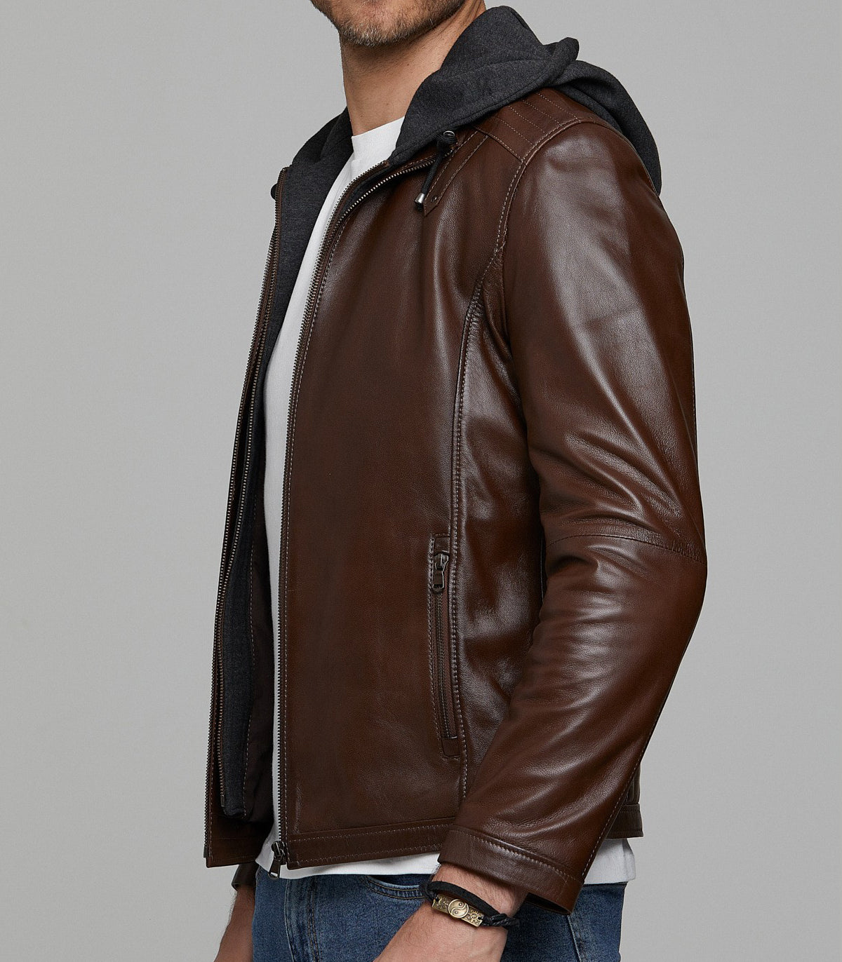Daniel Brown Leather Jacket With Hoodie For Men