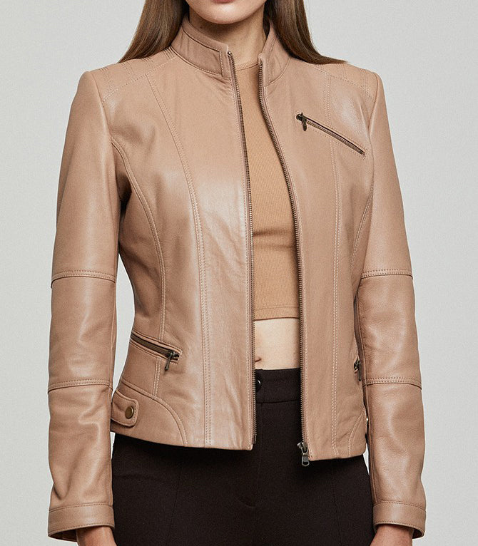 Brown Donna Women Slim Fit Leather Jacket