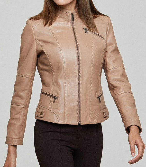 Brown Donna Women Slim Fit Leather Jacket