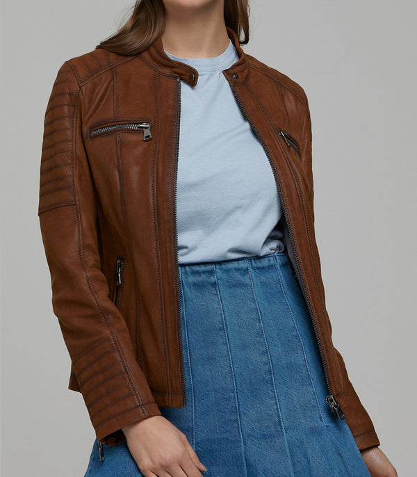 Brown Gala Distressed Leather Jacket For Women